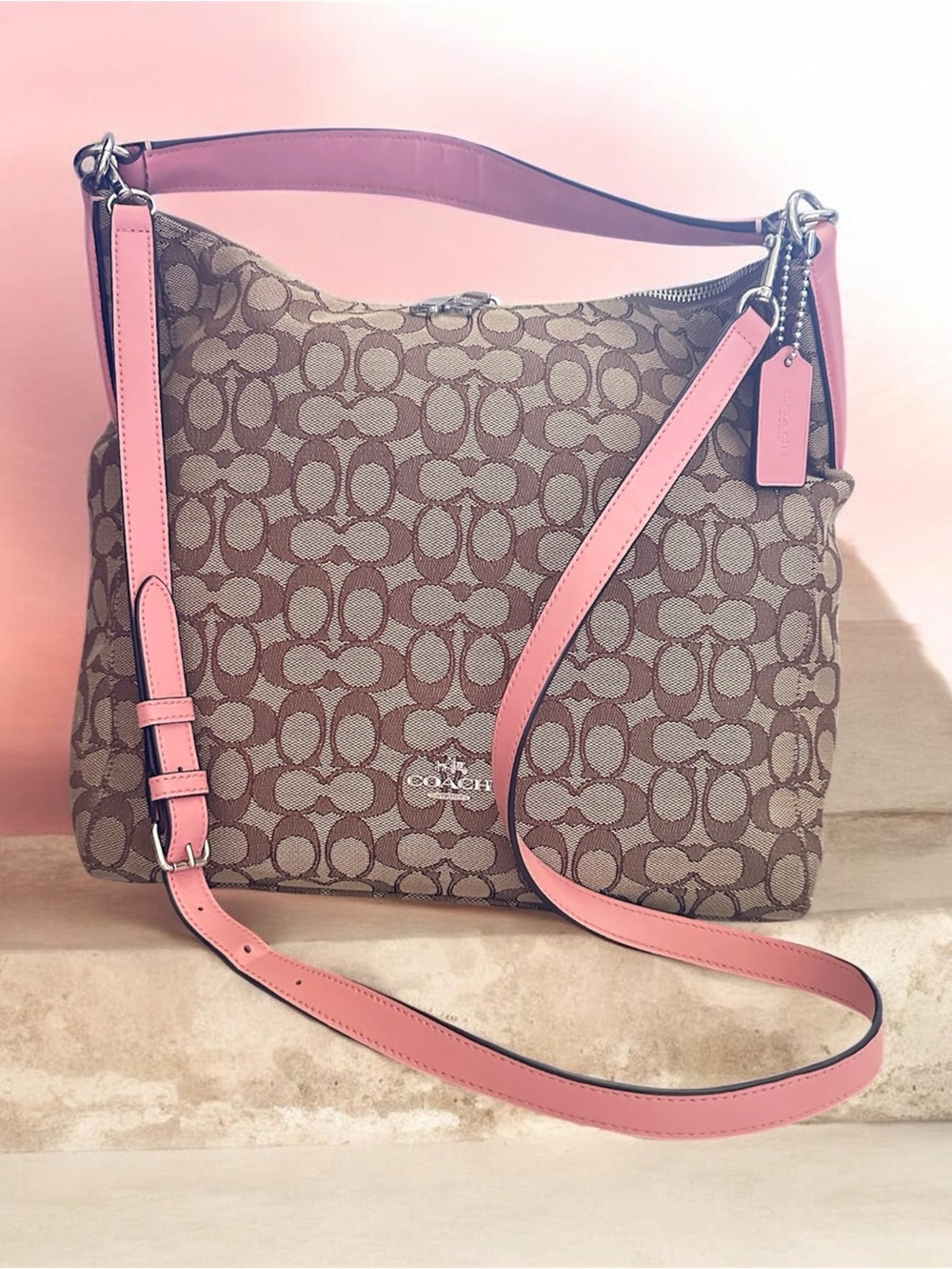 Coach Celeste Convertible Hobo baby pink trim monogram canvas. Cardholder incl.